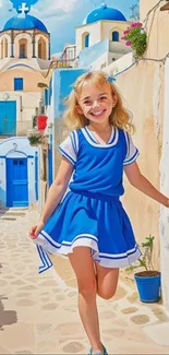 A child in a blue dress plays in a vibrant Santorini street scene.