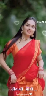 Woman in vibrant red saree smiling outdoors.