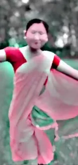 Woman in vibrant saree dancing gracefully outdoors.