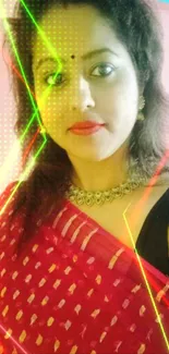 A woman in a red sari with neon light effects in a digital artwork.