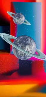 Digital art of Saturn with vibrant colors and cosmic elements.