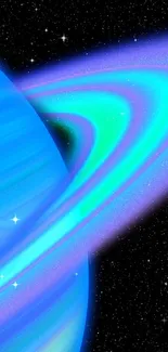 Colorful illustration of Saturn with vibrant rings in space landscape.