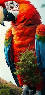 Colorful scarlet macaw perched on branch.