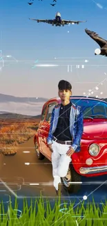 Young man by red car in vibrant scenic wallpaper.