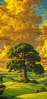 Majestic tree on vibrant sunset landscape wallpaper.