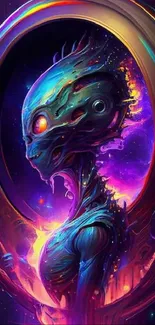A futuristic alien with neon colors in a cosmic scene.