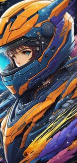 Futuristic anime character in colorful armor with cosmic elements.