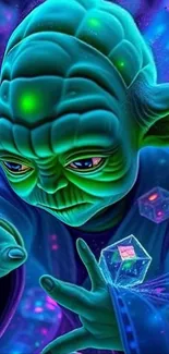 Fantasy sci-fi character in neon colors reaching forward.