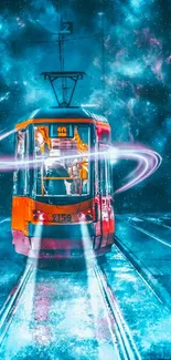 Futuristic tram with neon effects in a sci-fi cityscape.