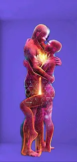 Digital sci-fi art of a couple embracing on a vibrant purple background.