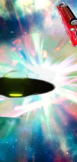 Sci-fi explosion with UFO and red car in colorful space.