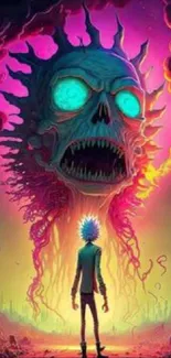 Sci-fi artwork featuring an alien skull with vibrant neon colors.