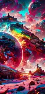 Vibrant sci-fi fantasy landscape with surreal elements and vivid colors.