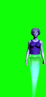 Futuristic female figure on neon green background, sci-fi digital art.