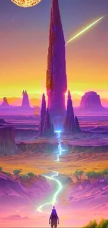 Colorful sci-fi landscape with vibrant alien terrain and celestial sky.