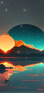 Sci-fi landscape with glowing planet and serene water reflection in vibrant colors.