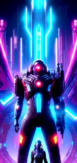 Neon blue and pink sci-fi wallpaper featuring a futuristic robot.