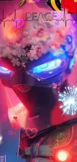 Vibrant sci-fi robot wallpaper with neon lights and floral elements.