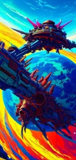 Sci-fi space scene with vibrant colors, featuring planets and spaceships.