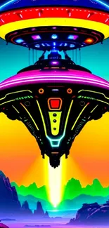 Vibrant UFO hovering in a colorful alien landscape.