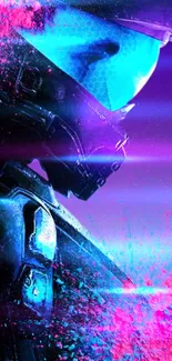 Vibrant sci-fi warrior art with neon colors and dynamic effects.