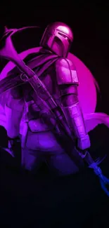 Purple sci-fi warrior with a vibrant background.