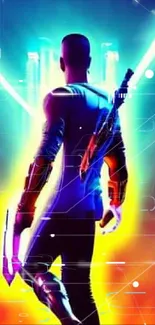 Neon-lit futuristic warrior with glowing weapon in vibrant sci-fi scene.