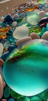 Vibrant sea glass on a beach with colorful stones.