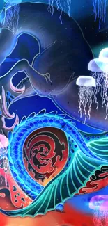 Vibrant fantasy wallpaper with sea horse, jellyfish, and ocean background.