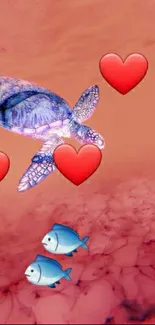 Colorful sea turtle with hearts and fish on coral pink background.