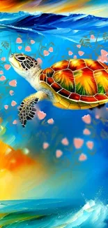 Vibrant sea turtle in colorful abstract ocean art.