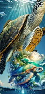 Vibrant artistic illustration of a sea turtle underwater.