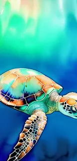 Vibrant sea turtle swimming in blue ocean background artwork.