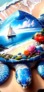 Vibrant sea turtle art with ocean and beach scene.