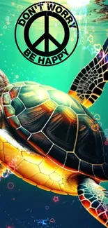 Colorful sea turtle with peace symbol and 'Don't Worry Be Happy' message.