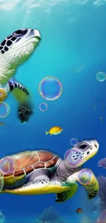 Vibrant sea turtles swim with bubbles and fish in a colorful ocean scene.