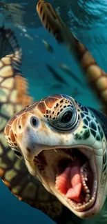 Vibrant sea turtle swimming in ocean wallpaper.