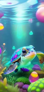 Colorful sea turtle swimming underwater in a vibrant digital art scene.