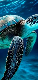 Colorful sea turtle swimming underwater with vibrant ocean background.