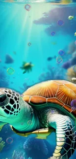 A vibrant sea turtle swimming underwater with corals and bubbles.