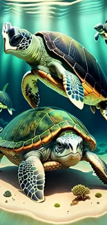 Illustration of sea turtles swimming underwater.
