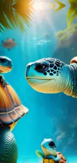 A vibrant wallpaper featuring colorful sea turtles swimming underwater.