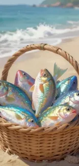 Basket of colorful fish displayed on a sandy beach by the ocean.