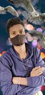 Person in mask with seagulls and city nightlife.