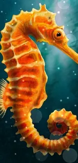 Vibrant orange seahorse on a teal ocean background wallpaper.