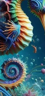 Colorful seahorse artwork on a blue background for mobile wallpaper.