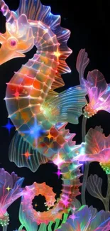 Neon seahorse with glowing flowers wallpaper.