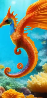 Vibrant seahorse in a colorful underwater fantasy setting with coral.