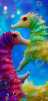 Colorful seahorses in vibrant fantasy art with blue and multicolored details.