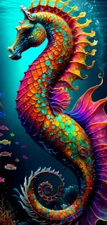 Vibrant seahorse in colorful underwater fantasy art wallpaper.